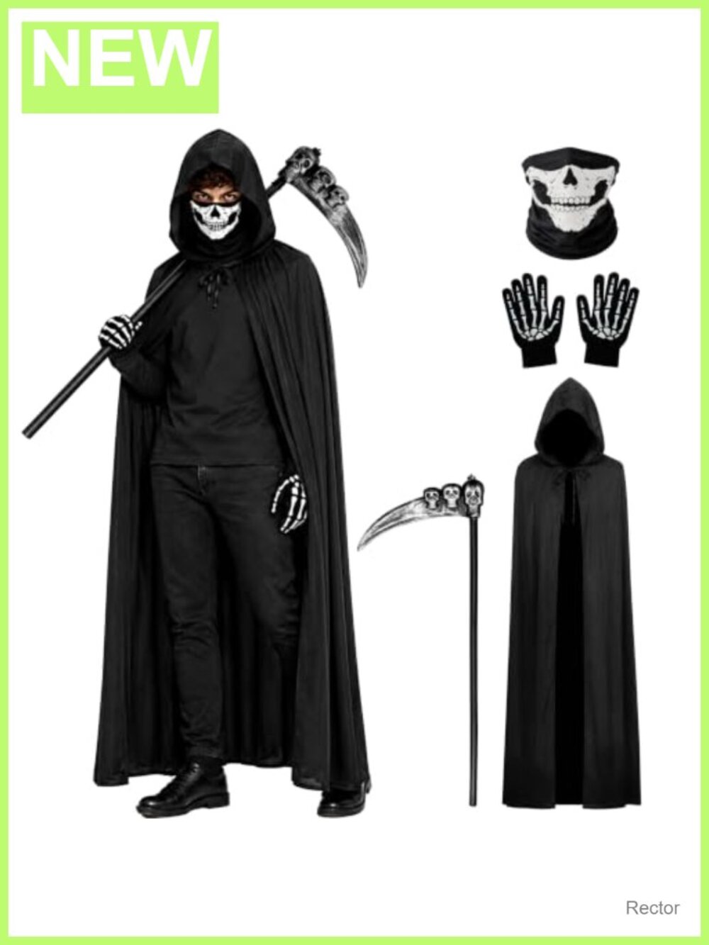 Grim Reaper Costume Set Hooded Cloak Scythe Mask Gloves Halloween Cosplay
